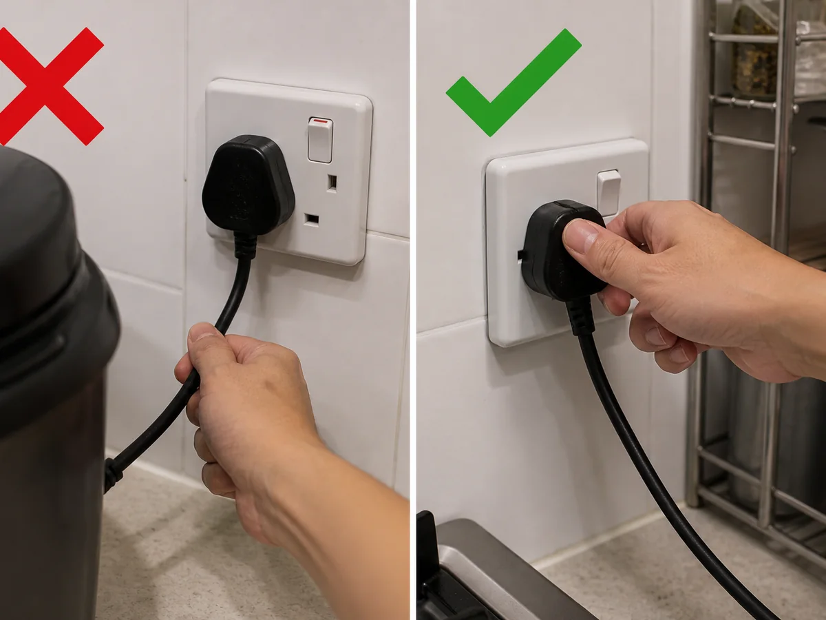 左邊顯示錯誤做法:直接拉電線,或電器仍開着時拔插頭。;右邊顯示正確做法:先關掉電器,再握住插頭拔出,切勿拉電線。