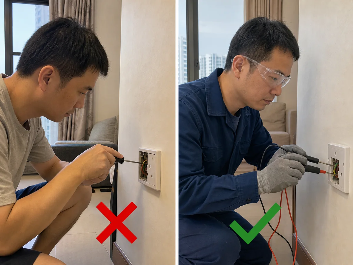 錯誤做法:自行拆開插座、接駁固定電線或找沒有註冊的人維修。 固定電線、插座或電箱需要安裝或維修時,由僱主安排註冊電業承辦商;家傭不要自行拆修。