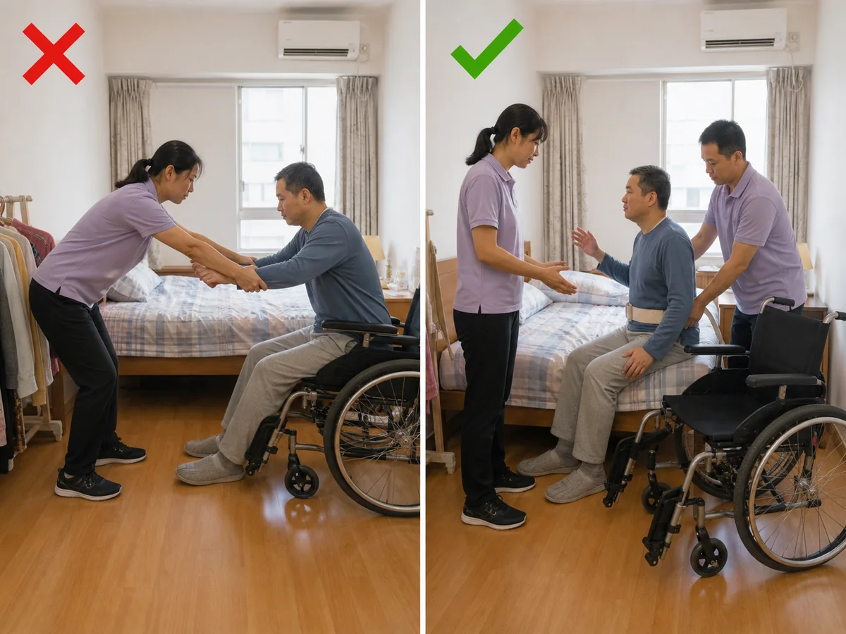 Unsafe: Pulling or lifting someone alone without checking their ability or plan. Follow the person's assessed ability and care plan, explain the move, apply wheelchair brakes, and use suitable aids or trained help when needed.