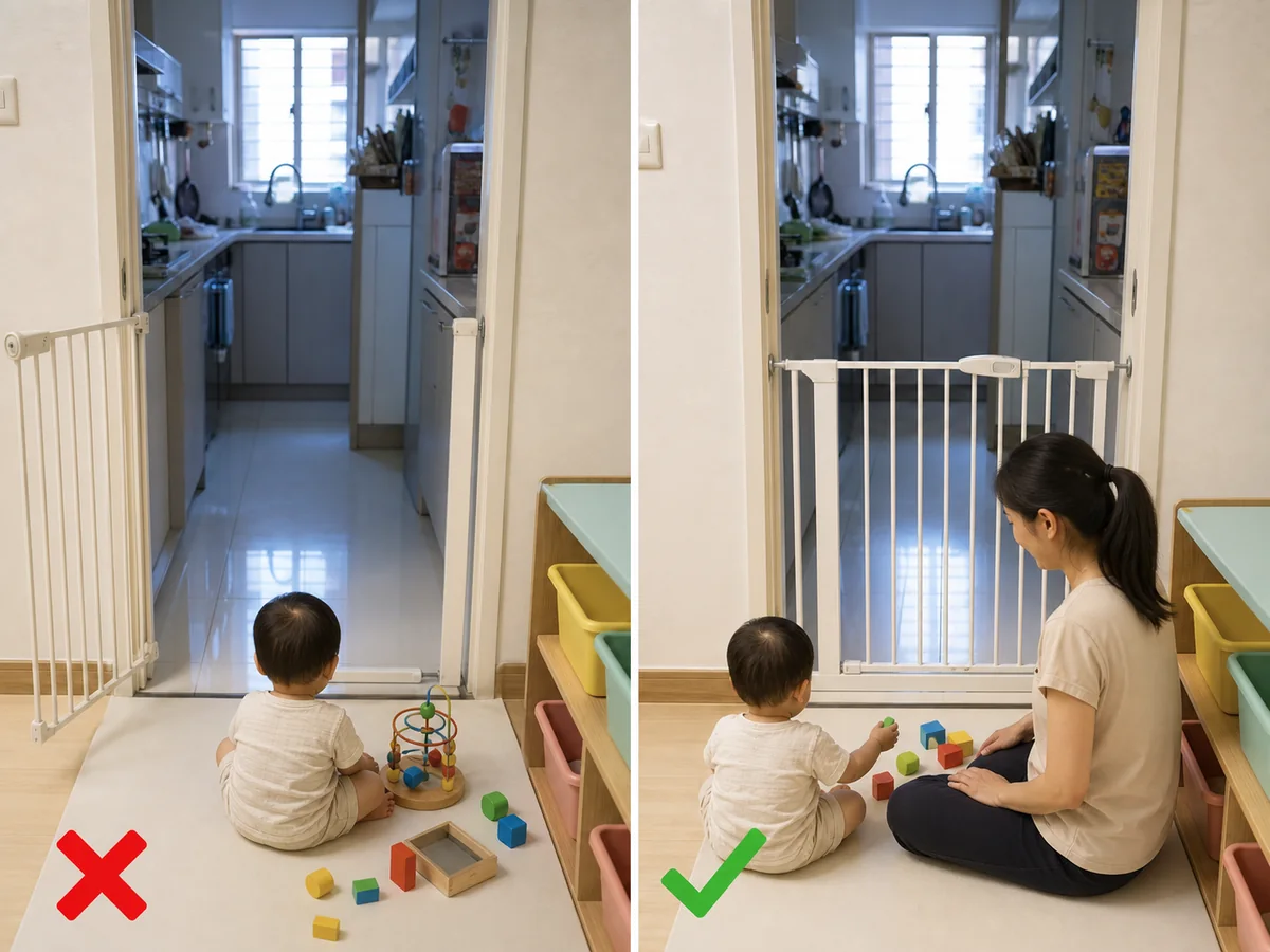 錯誤做法:使用鬆脫或沒有關好的門欄,仍讓幼童進入煮食區。 家中有三歲以下幼童時,在合適廚房入口按說明正確安裝安全門欄,並每次關好。