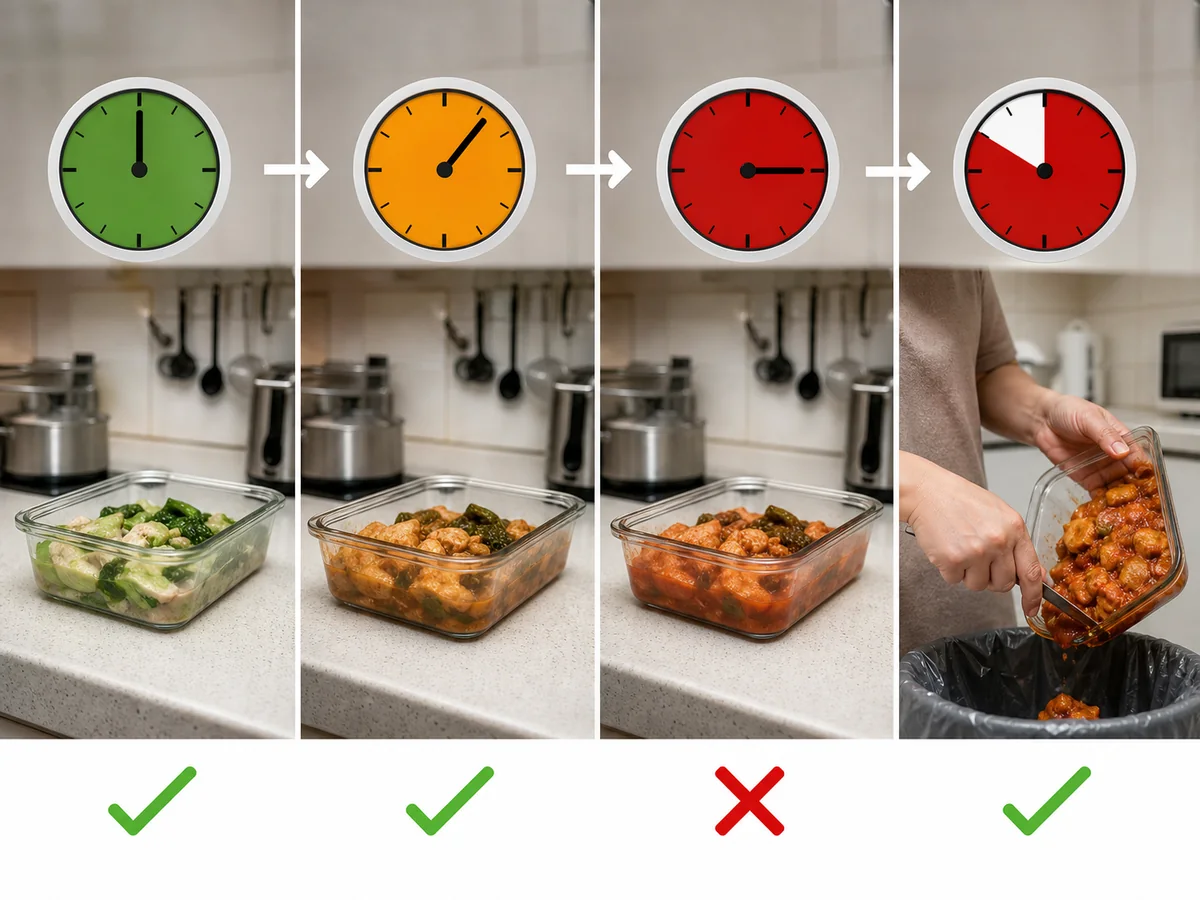 錯誤做法：食物在室溫三小時後再放回雪櫃留待明天。 食物在 4–60°C 的累計時間少於兩小時可食用或冷藏；兩至四小時要立即食用；超過四小時要棄掉。