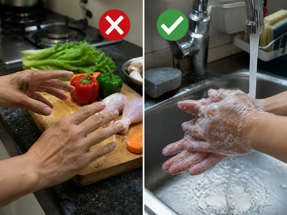 Unsafe example on the left: Rinsing briefly with water or moving from raw meat directly to cooked food.; correct example on the right: Wash with water and liquid soap for at least 20 seconds before food and after handling raw food.