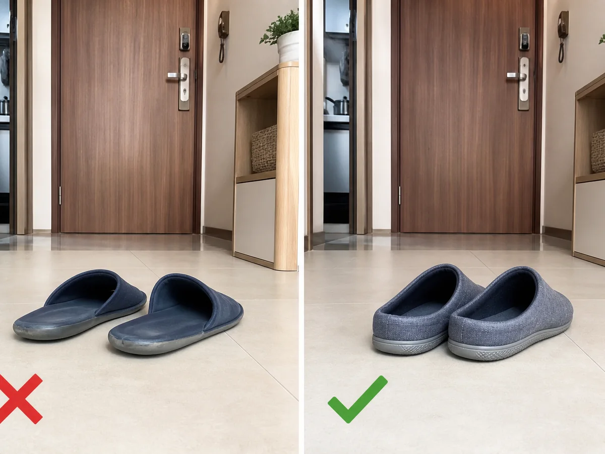 Contoh tidak aman di kiri: Memakai sandal kebesaran, hanya kaus kaki, atau sol yang sudah licin.; contoh benar di kanan: Pakai sepatu yang pas, menahan tumit, dan memiliki sol anti selip di rumah.