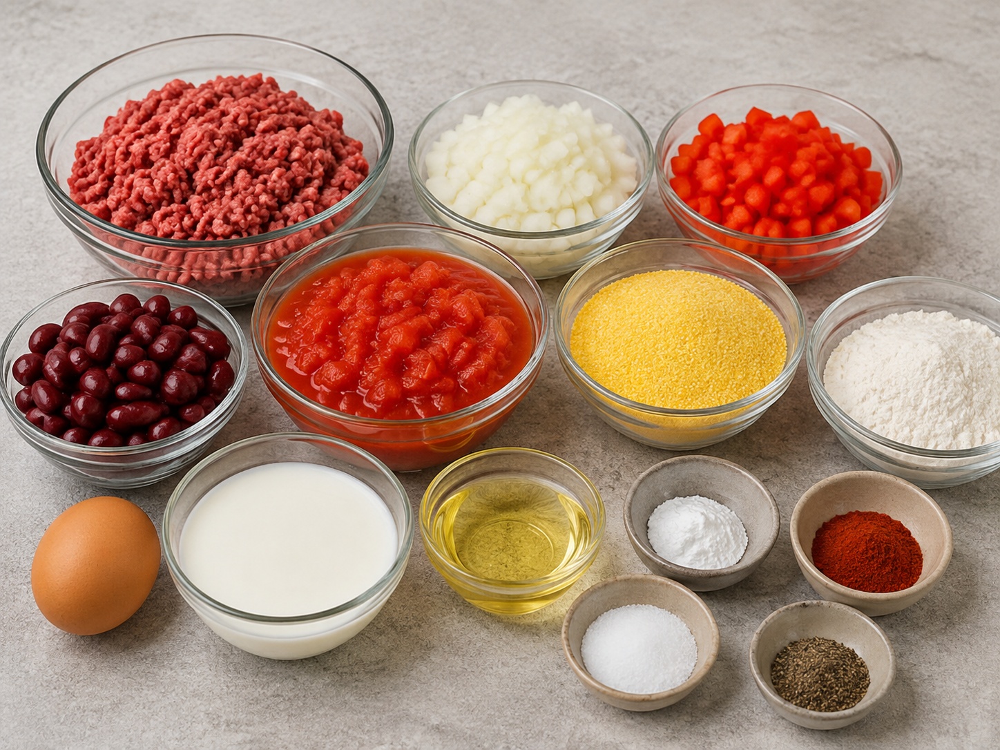 Panggang Chili Sapi dan Roti Jagung Amerika: 500 g daging sapi cincang, 1 buah bawang bombai, 1 buah Paprika merah, 400 g kacang hitam kalengan, 400 g tomat cincang kalengan, 1 sdm paprika, 180 g tepung jagung kasar, 80 g tepung terigu serbaguna, 2 sdt baking powder, 1 buah telur, 180 ml susu, 1 sdm minyak goreng