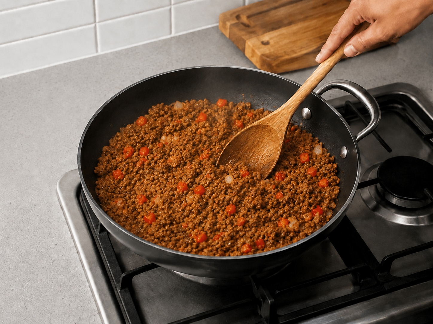 Panggang Chili Sapi dan Roti Jagung Amerika — Sangrai paprika: Aduk paprika 30 detik.