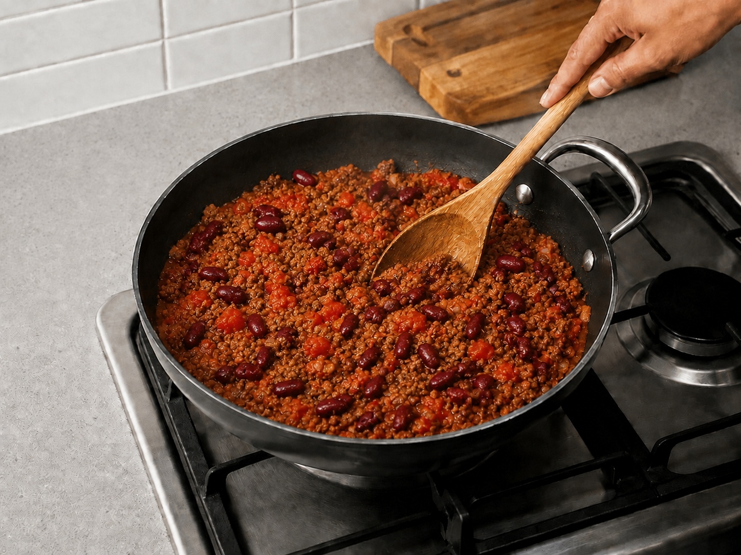Panggang Chili Sapi dan Roti Jagung Amerika — Tambah kacang dan tomat: Aduk kacang hitam dan tomat.
