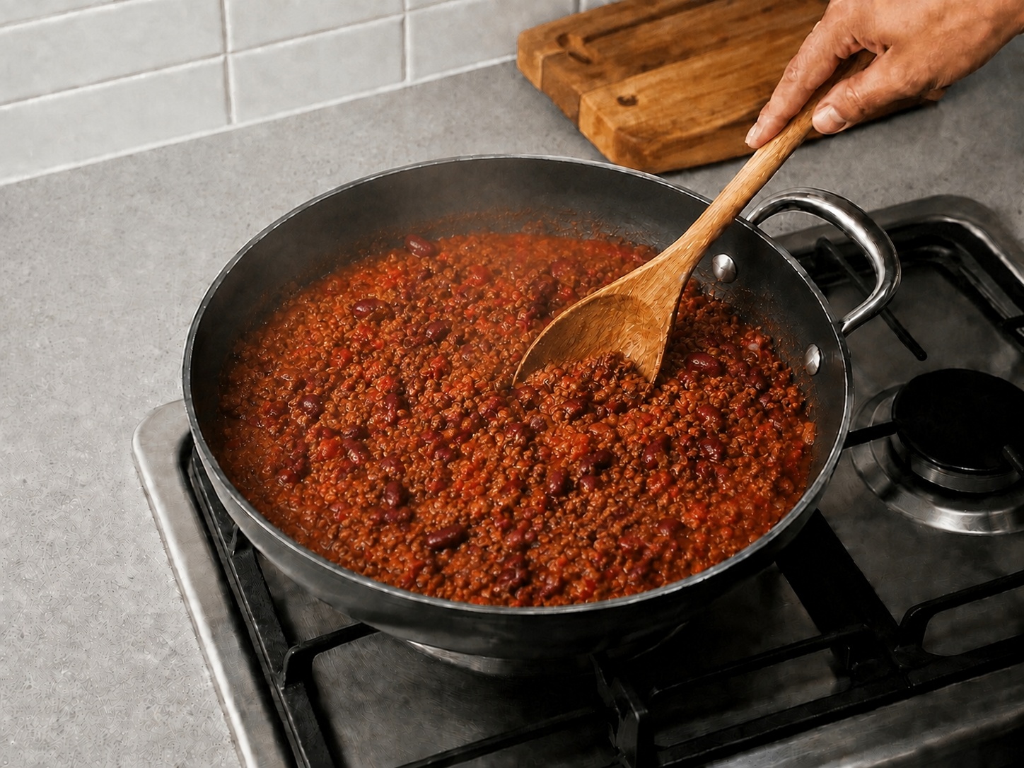 Panggang Chili Sapi dan Roti Jagung Amerika — Masak chili: Masak 15 menit hingga kental.
