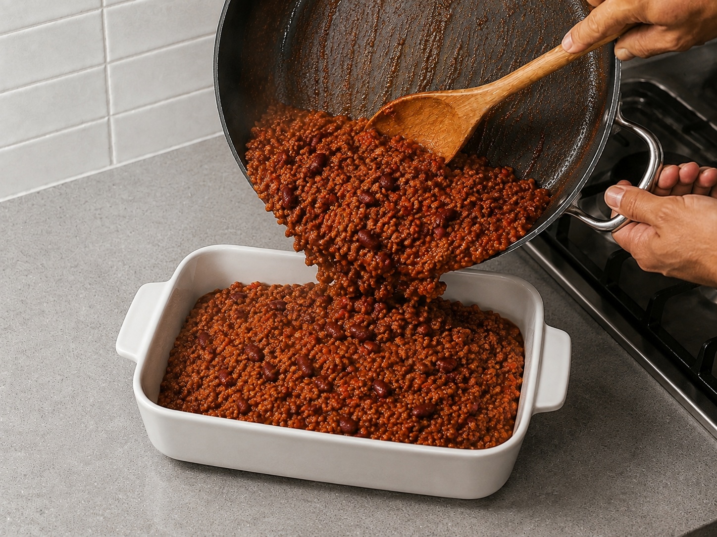 Panggang Chili Sapi dan Roti Jagung Amerika — Pindahkan chili: Ratakan chili dalam loyang.