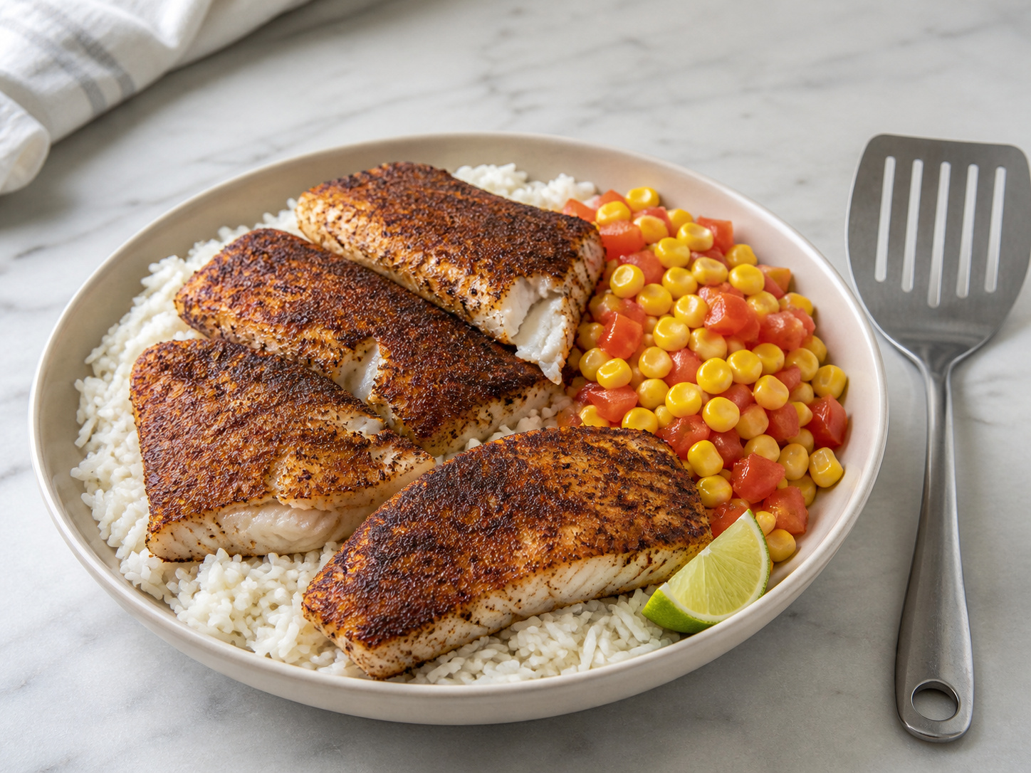 Nasi Ikan Blackened dengan Salsa Jagung — finished dish