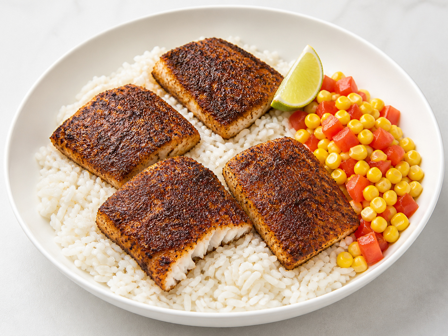 Amerikanong Blackened Fish Rice na may Corn Salsa — Ihain ang isda sa ibabaw ng kanin na may corn salsa
