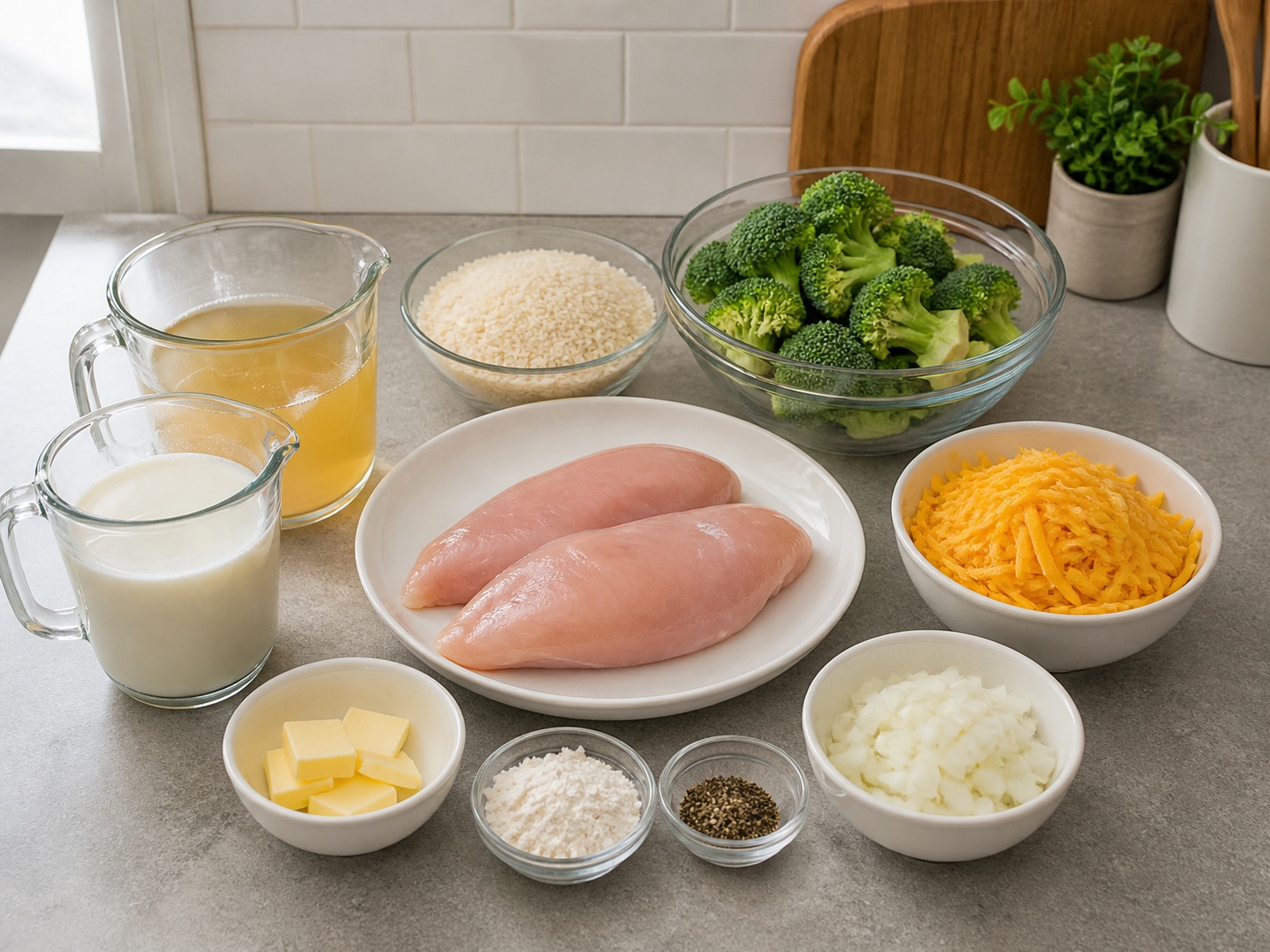 American Chicken, Broccoli at Rice Casserole: 500 g dibdib ng manok na walang buto at balat, 250 g bigas, 300 g broccoli, 1 piraso sibuyas, 30 g mantikilya, 30 g harinang pangkalahatan, 400 ml gatas, 300 ml sabaw ng manok, 150 g kesong Cheddar, 1 kutsarita Dinurog na itim na paminta