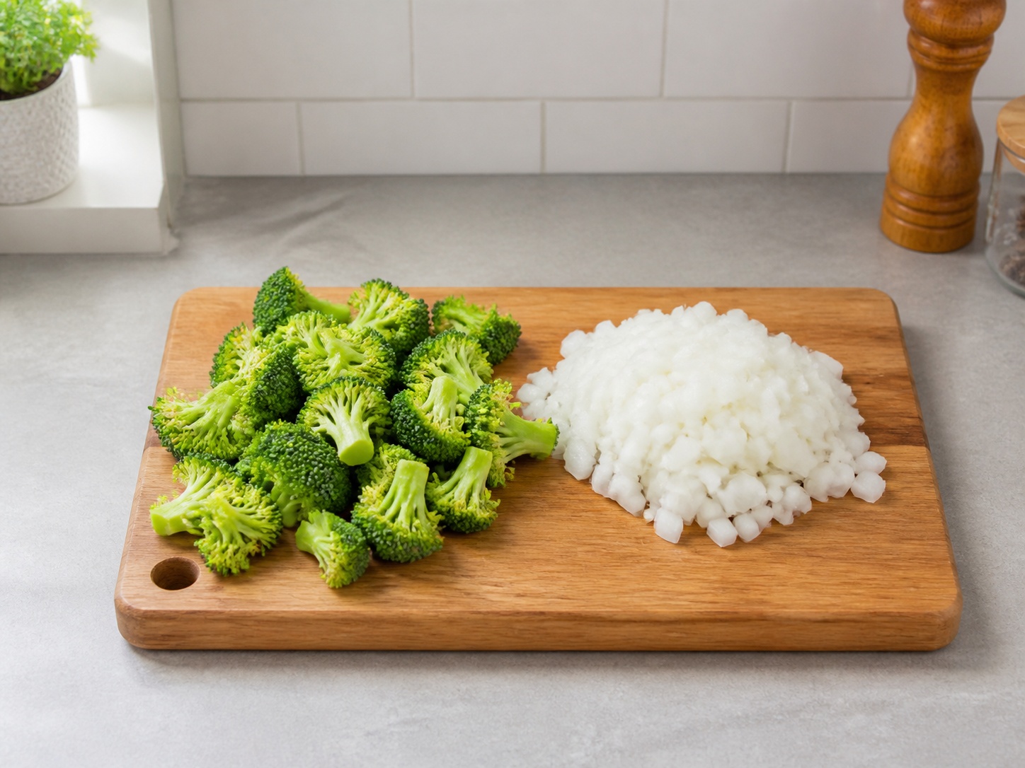 American Chicken, Broccoli at Rice Casserole — Hiwain ang broccoli at sibuyas: Hatiin ang broccoli sa maliliit at tadtarin ang sibuyas.
