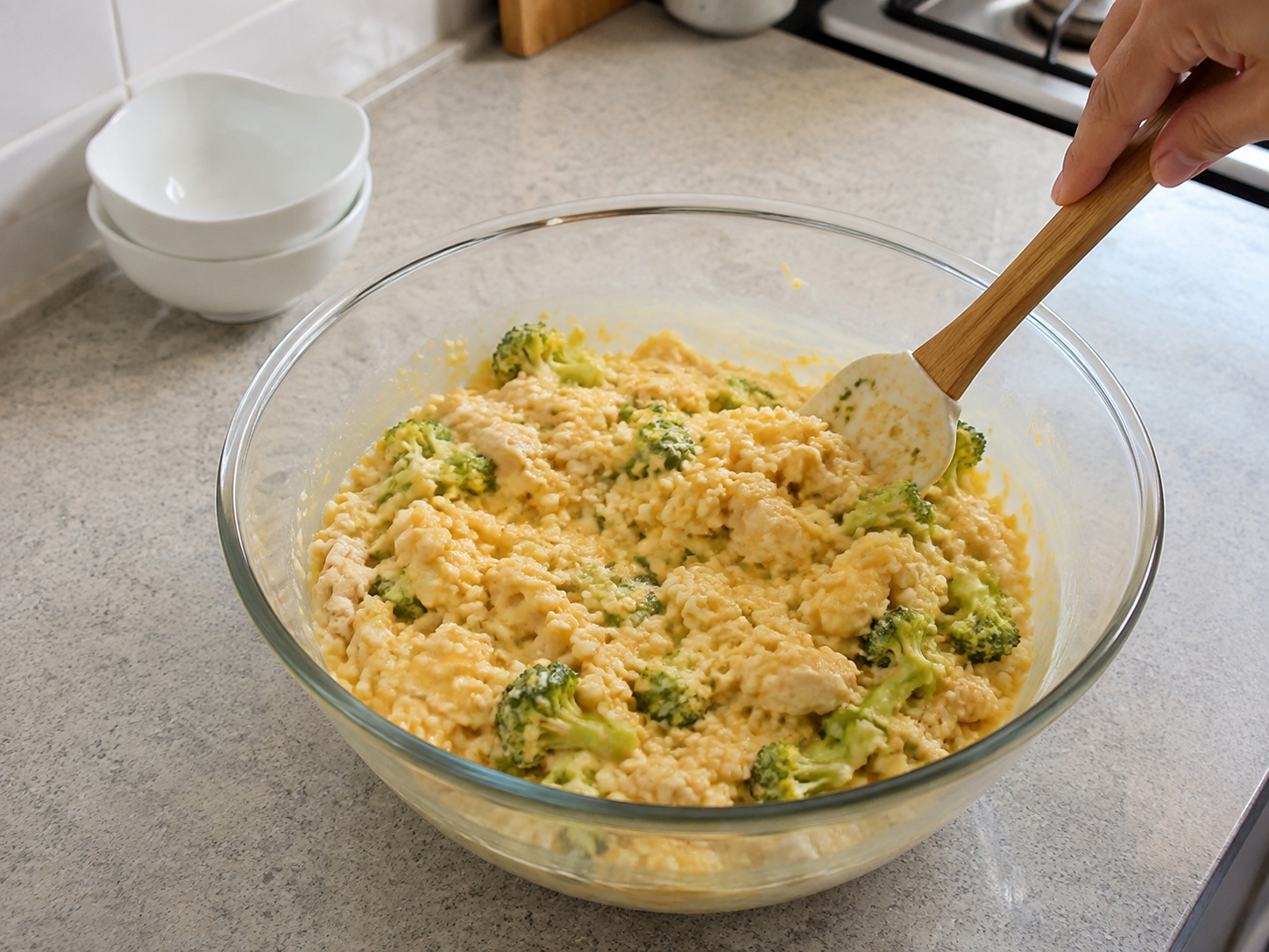 American Chicken, Broccoli at Rice Casserole — Pagsamahin ang casserole: Pagsamahin ang kanin, manok, broccoli at sarsa sa dish.