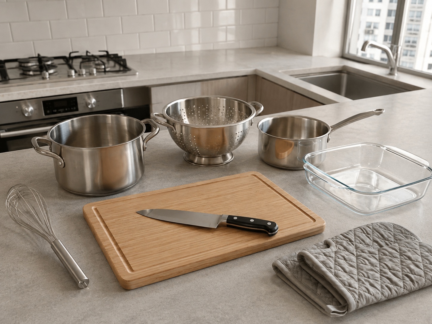 American Chicken, Broccoli at Rice Casserole: kutsilyo, sangkalan, kaserola, salain, maliit na kaserola, pambati, malalim na sisidlang panghurno, hurno, guwantes na panlaban sa init