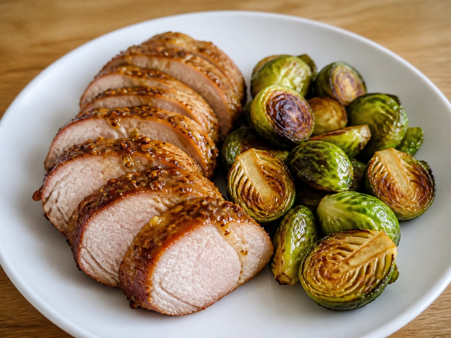 Tenderloin Babi Maple-Mustard dengan Kubis Brussel — finished dish
