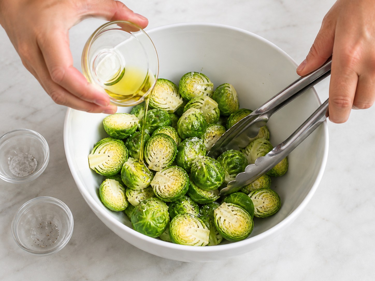 American Maple-Mustard Pork Tenderloin with Brussels Sprouts — Season sprouts with oil, salt and pepper