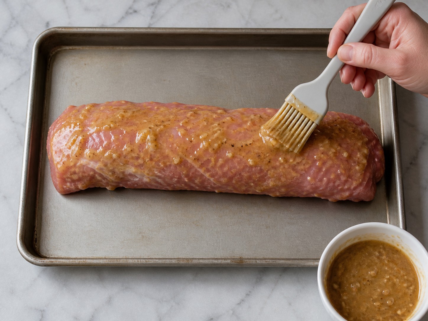 American Maple-Mustard Pork Tenderloin with Brussels Sprouts — Brush the pork with glaze