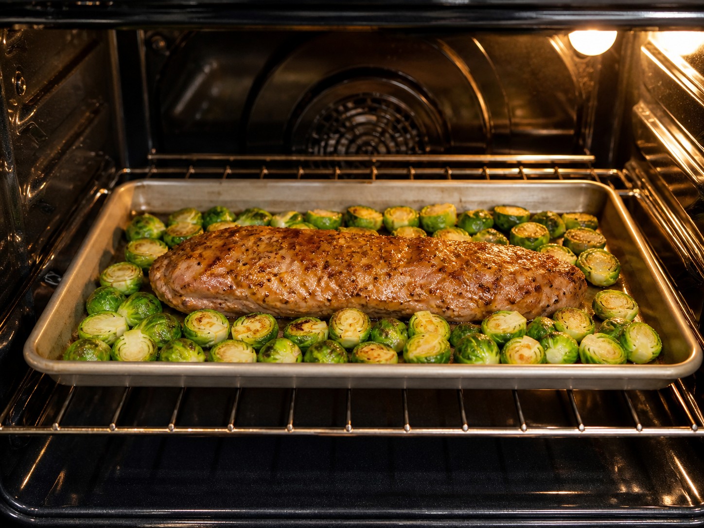 American Maple-Mustard Pork Tenderloin with Brussels Sprouts — Roast at high heat for ten minutes