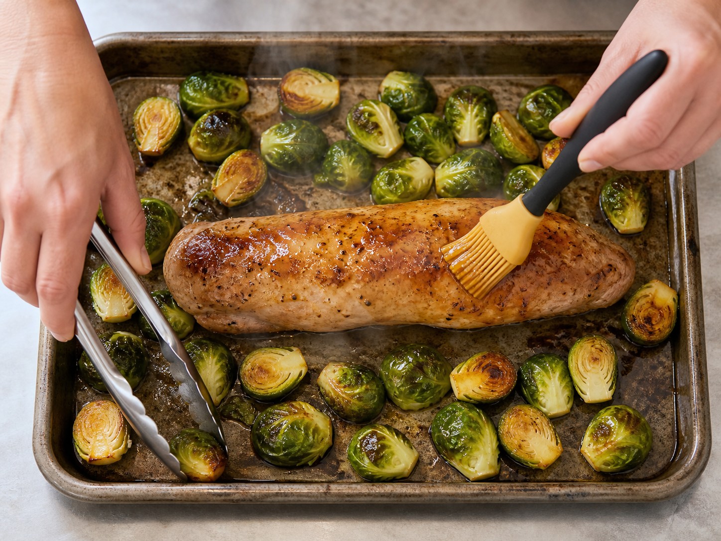 American Maple-Mustard Pork Tenderloin with Brussels Sprouts — Turn the sprouts and brush more glaze