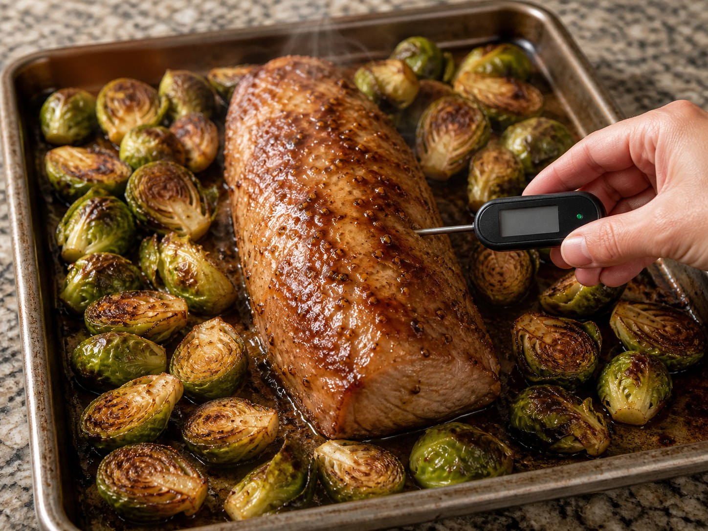 American Maple-Mustard Pork Tenderloin with Brussels Sprouts — Roast until pork reaches a safe centre temperature