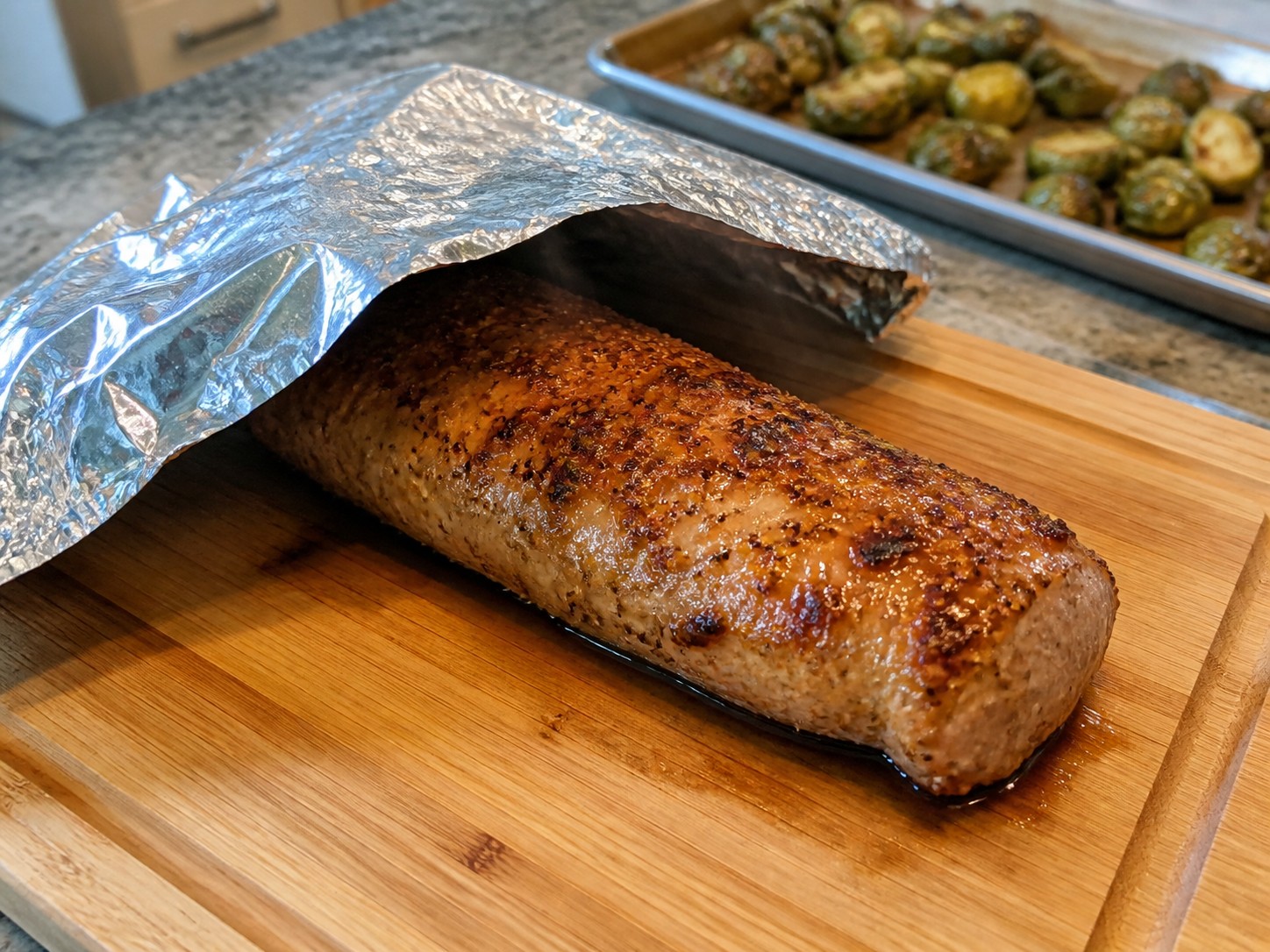American Maple-Mustard Pork Tenderloin with Brussels Sprouts — Rest the pork for five minutes