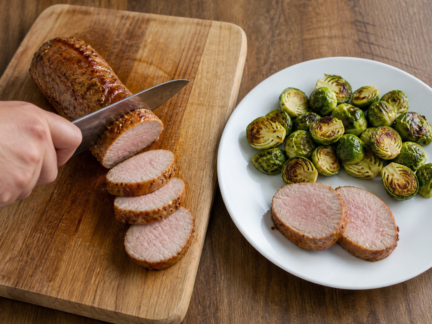 American Maple-Mustard Pork Tenderloin with Brussels Sprouts — Slice pork and serve with the sprouts