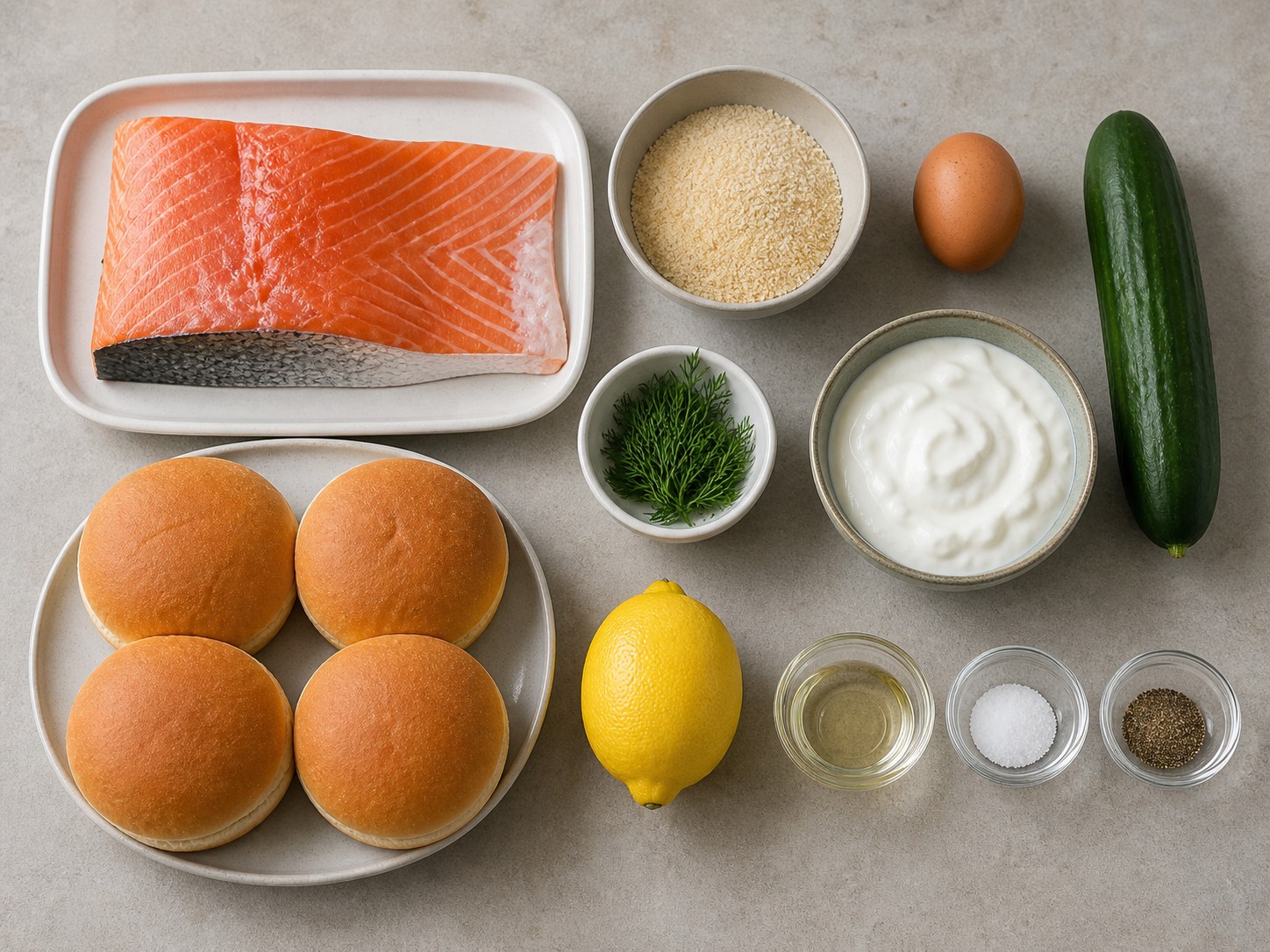 American Salmon Burgers with Cucumber Dill Sauce — ingredients overview