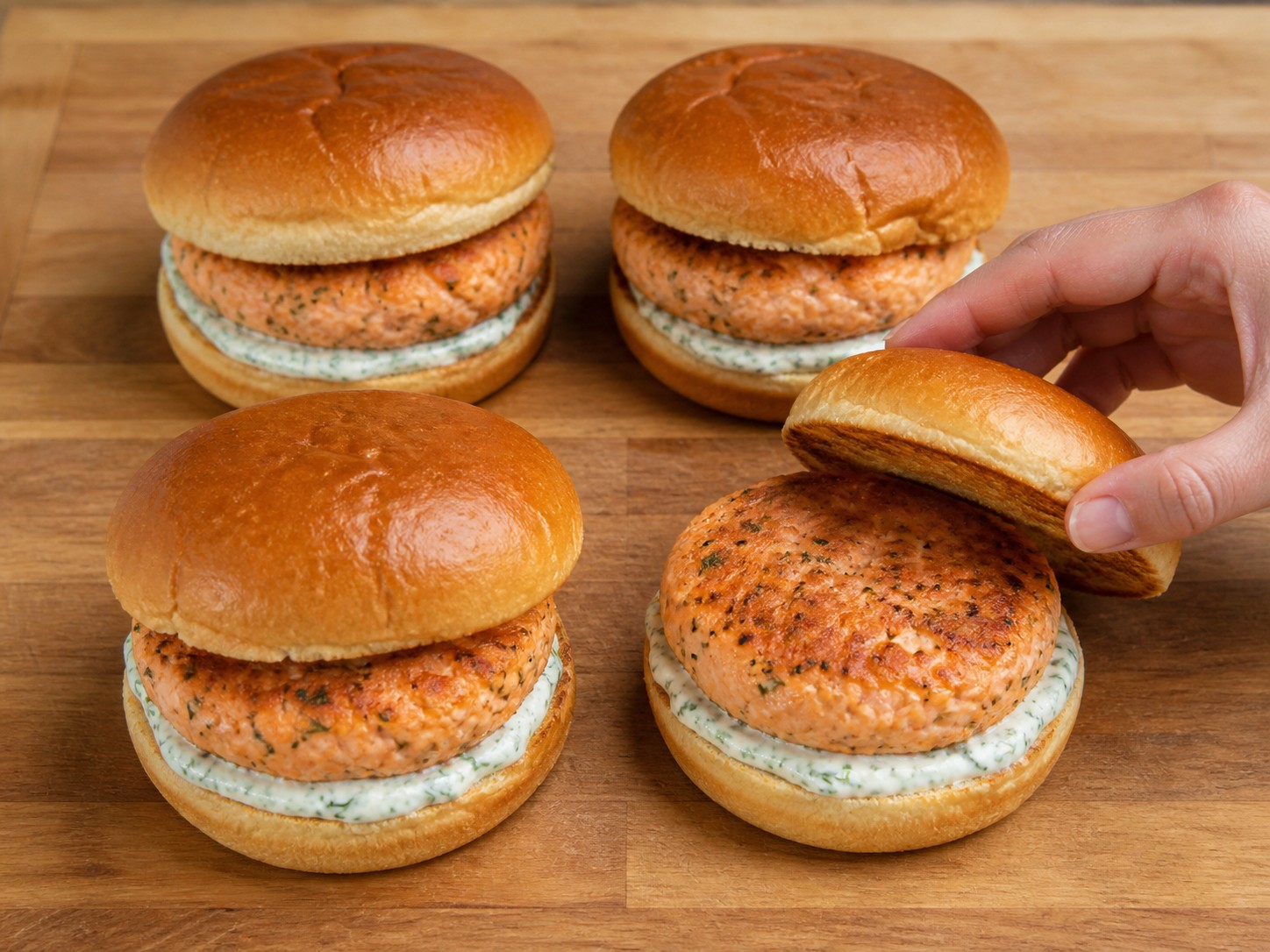 American Salmon Burgers with Cucumber Dill Sauce — Add salmon patties and close the burgers