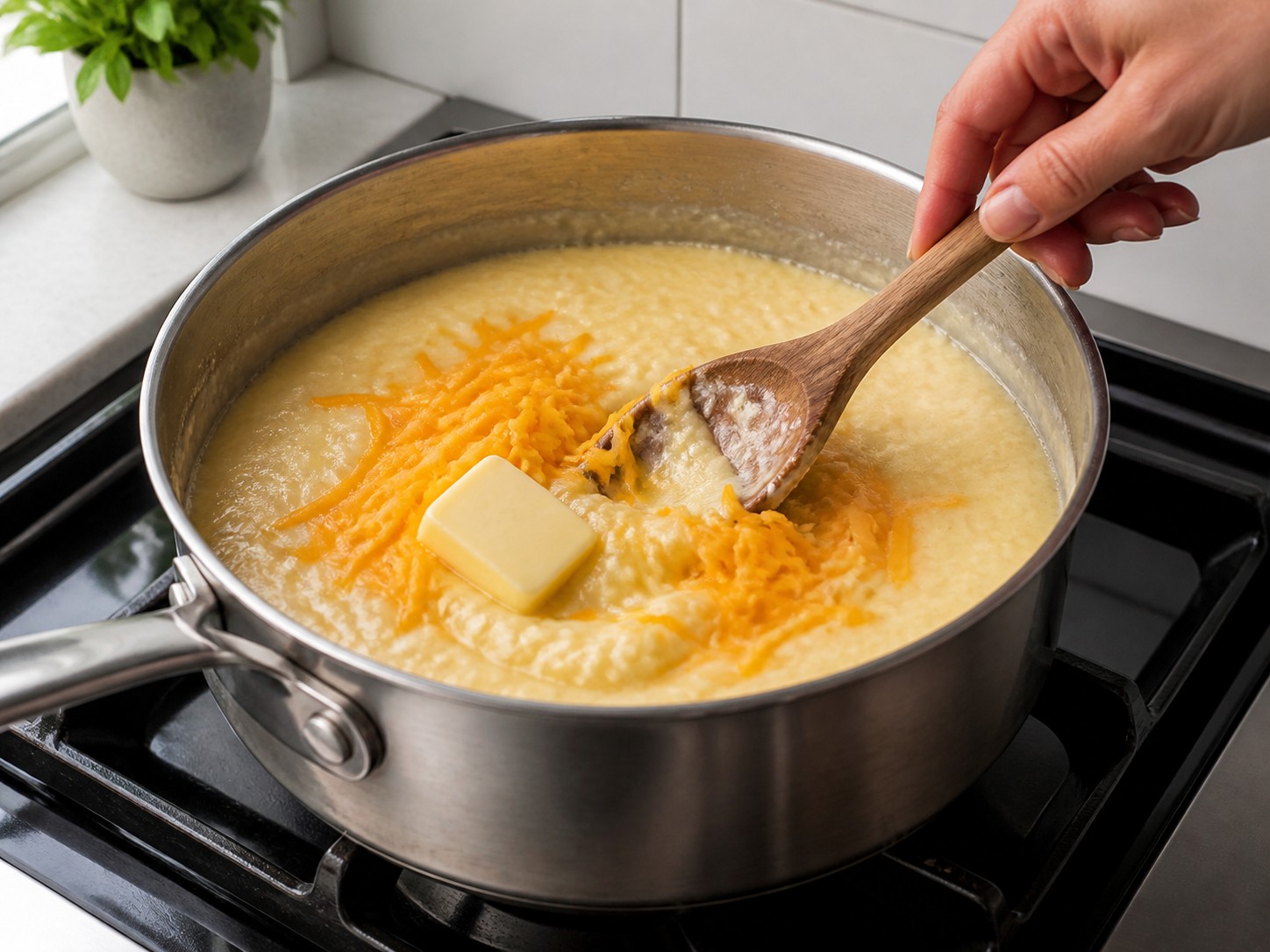 Bubur Jagung Grits dengan Udang dan Cheddar — Aduk keju dan separuh mentega
