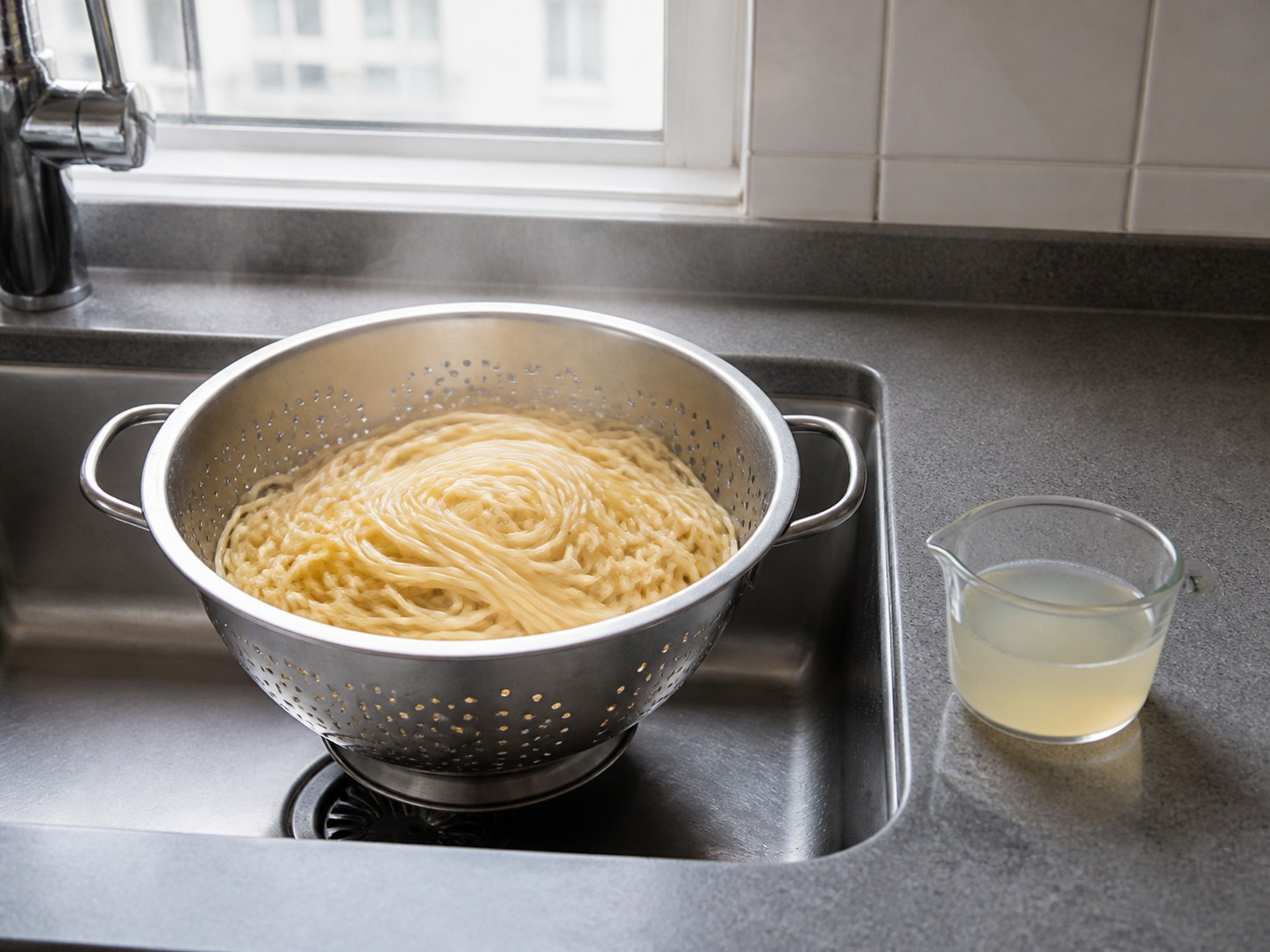 Amerikanong Turkey Tetrazzini na may Kabute — Patuluin ang pasta at magtabi ng kaunting tubig