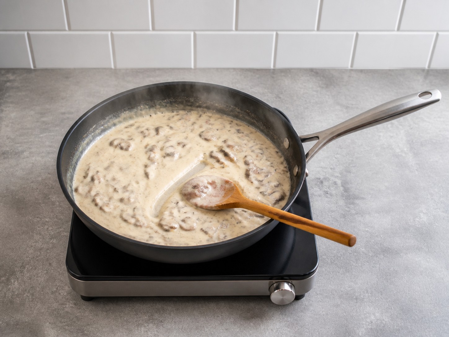 Amerikanong Turkey Tetrazzini na may Kabute — Idagdag ang cream at pakuluan hanggang lumapot