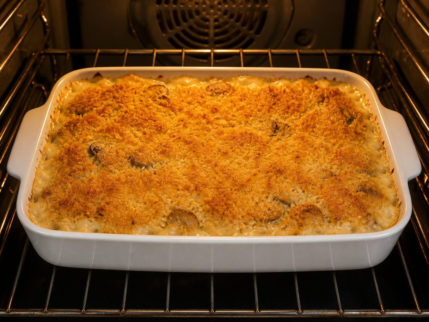Amerikanong Turkey Tetrazzini na may Kabute — Ihurno hanggang ginintuang kulay at bumubula