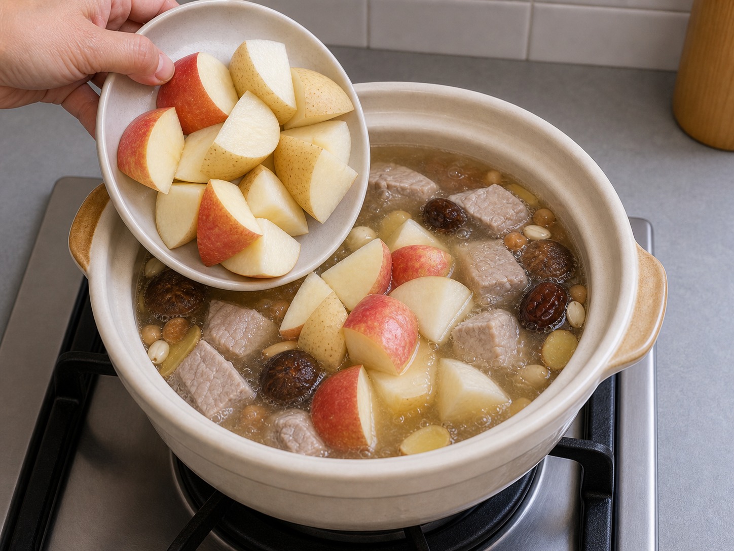 蘋果雪梨瘦肉湯:加入水果