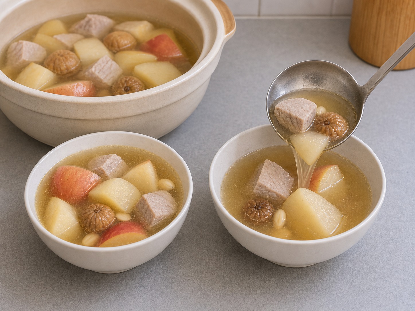 蘋果雪梨瘦肉湯:盛湯上桌
