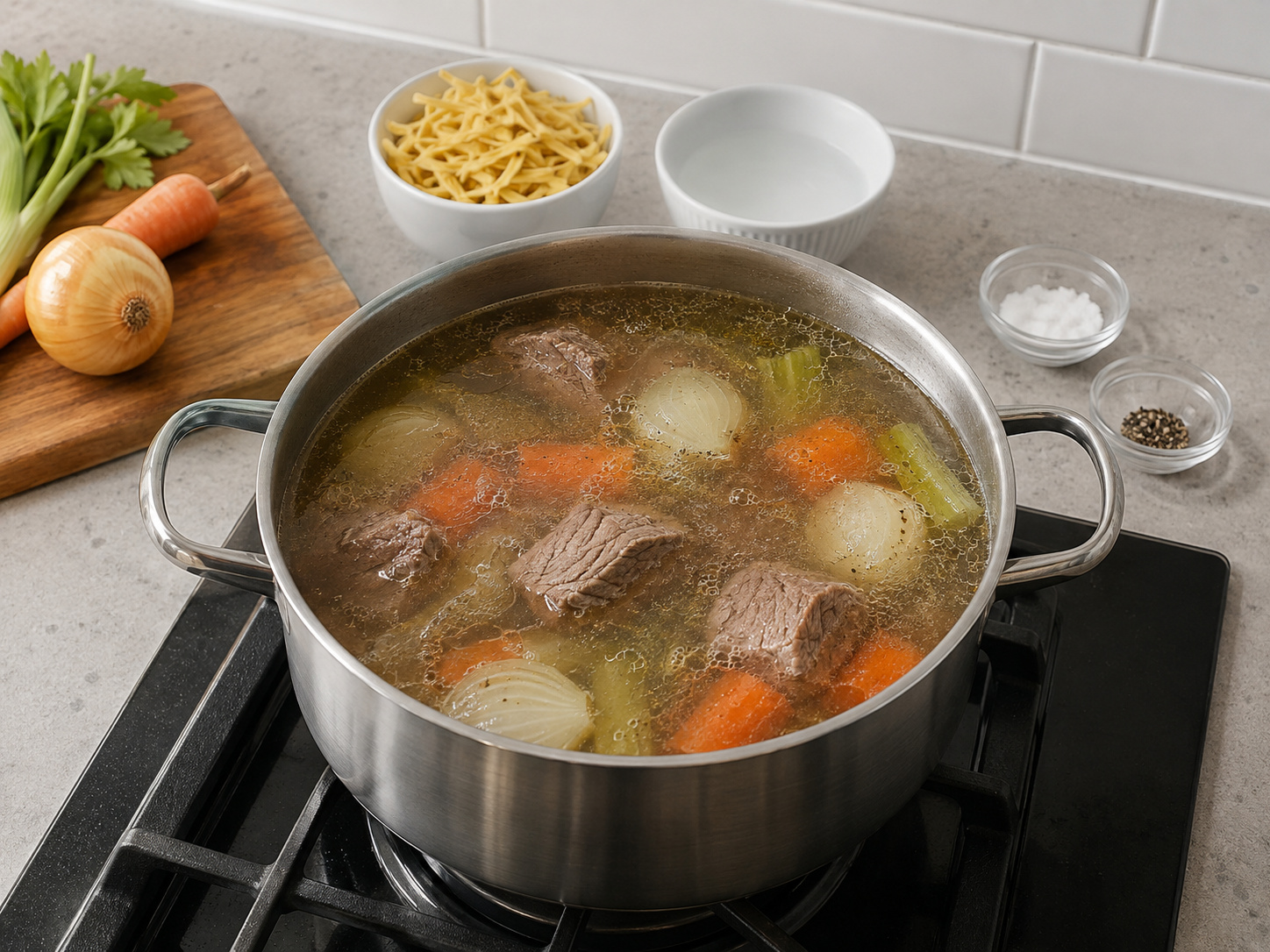 Austrian Beef Broth with Pancake Strips — Bring beef, vegetables and stock to a gentle simmer
