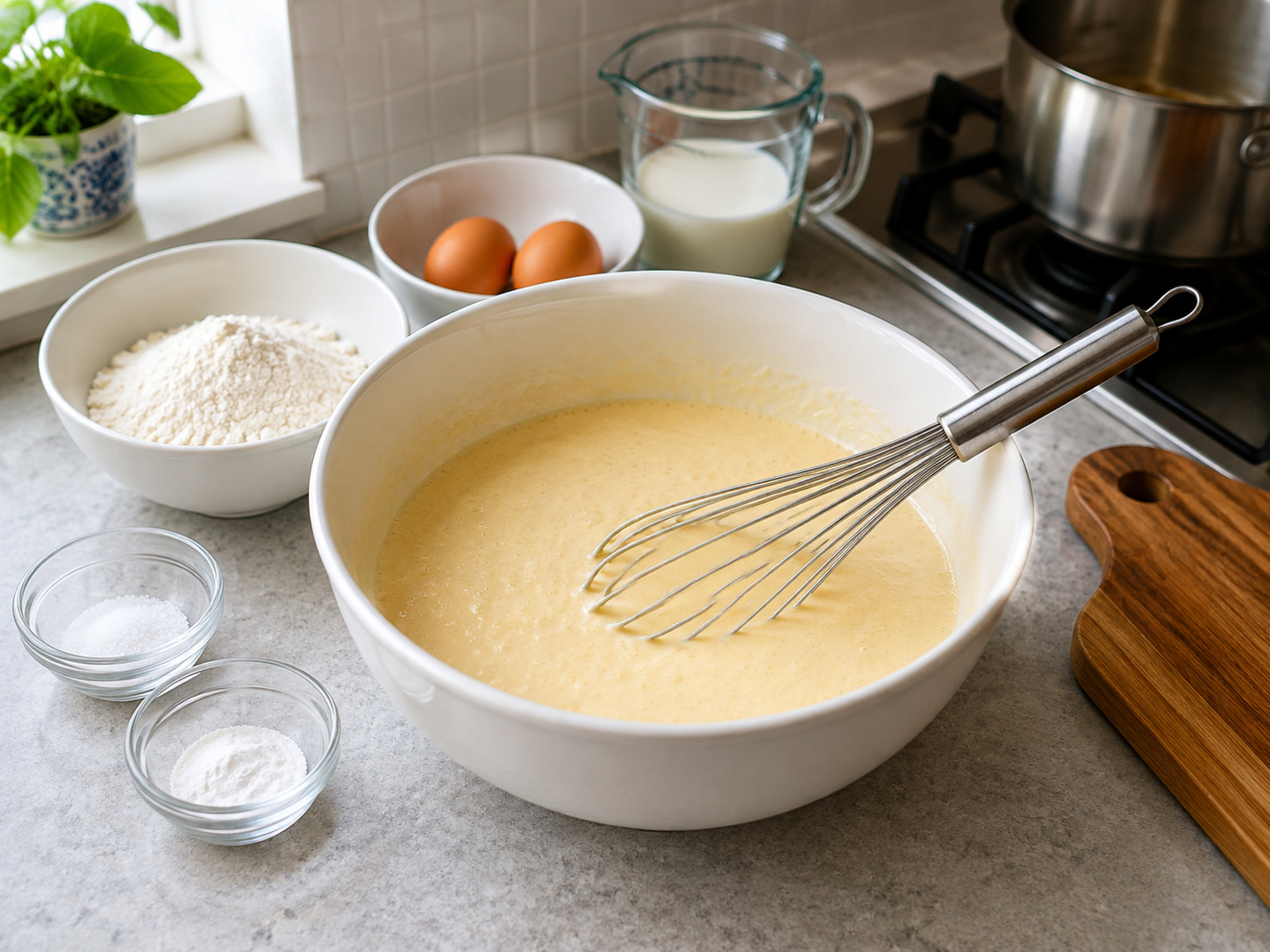 Austrian Beef Broth with Pancake Strips — Whisk flour, eggs, milk and half the salt into batter