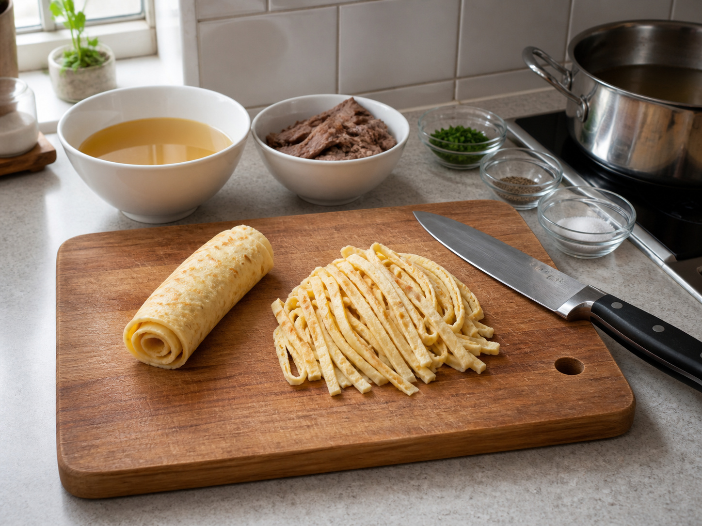 Austrian Beef Broth with Pancake Strips — Roll pancakes and slice into thin strips