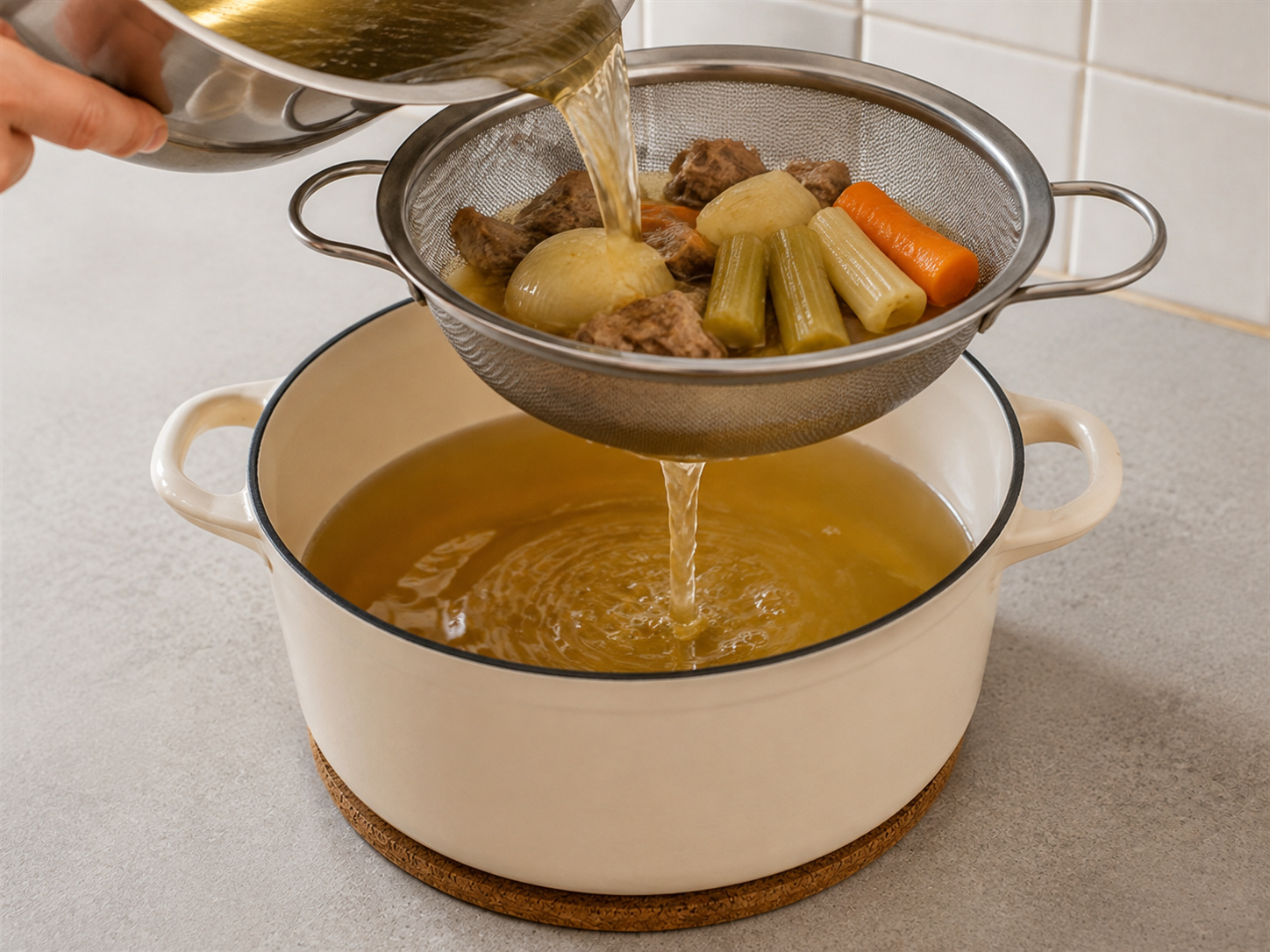 Austrian Beef Broth with Pancake Strips — Strain the beef broth until clear