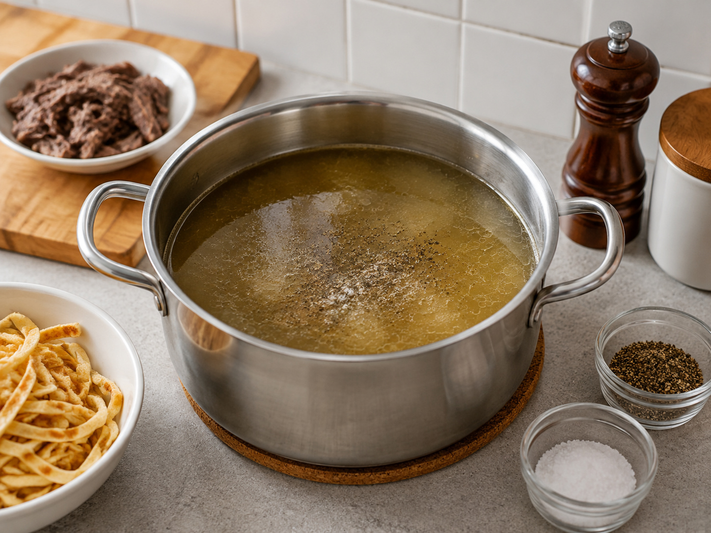 Austrian Beef Broth with Pancake Strips — Season broth with pepper and remaining salt