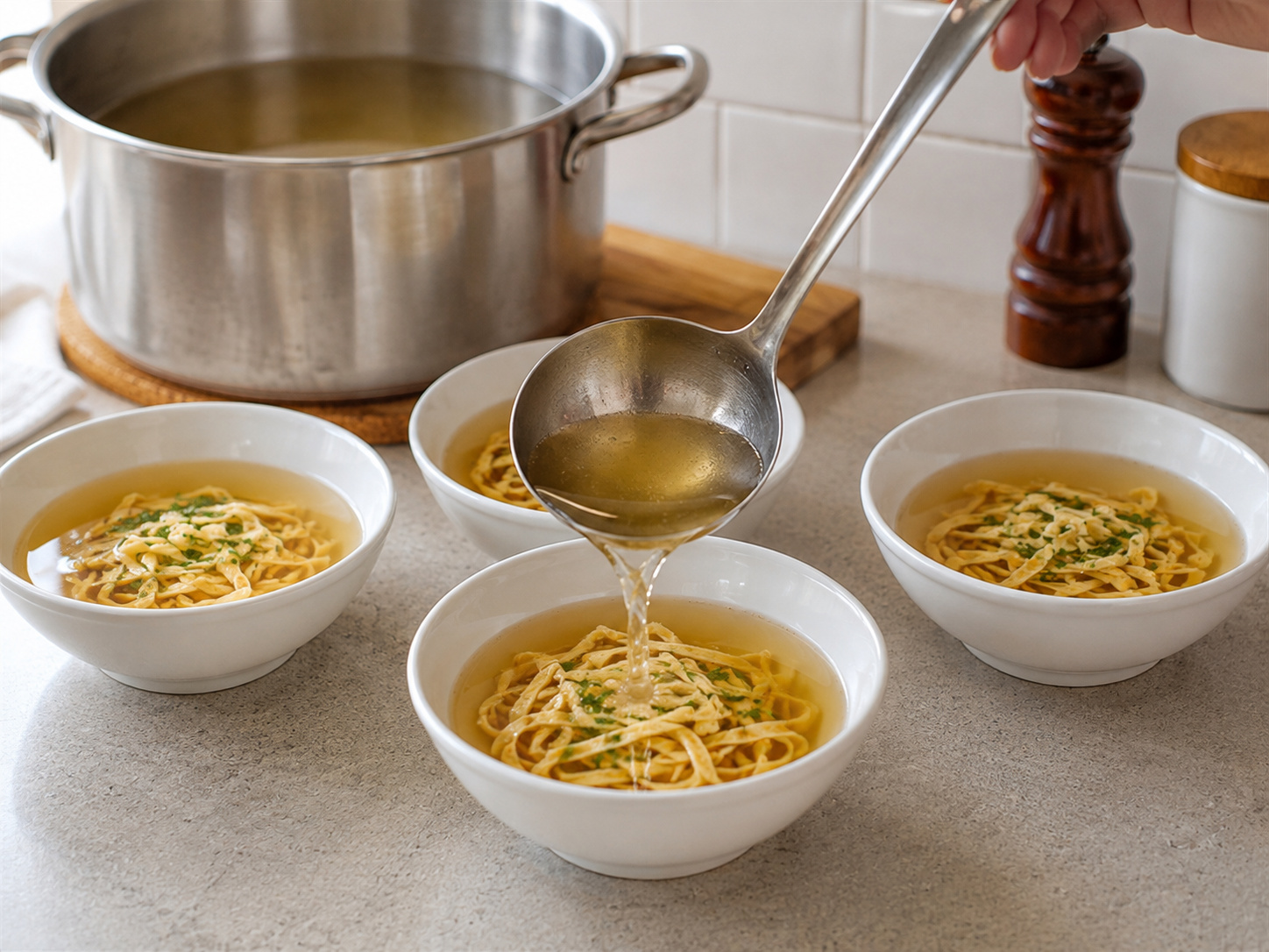 Austrian Beef Broth with Pancake Strips — Place pancake strips in bowls and add hot broth and parsley