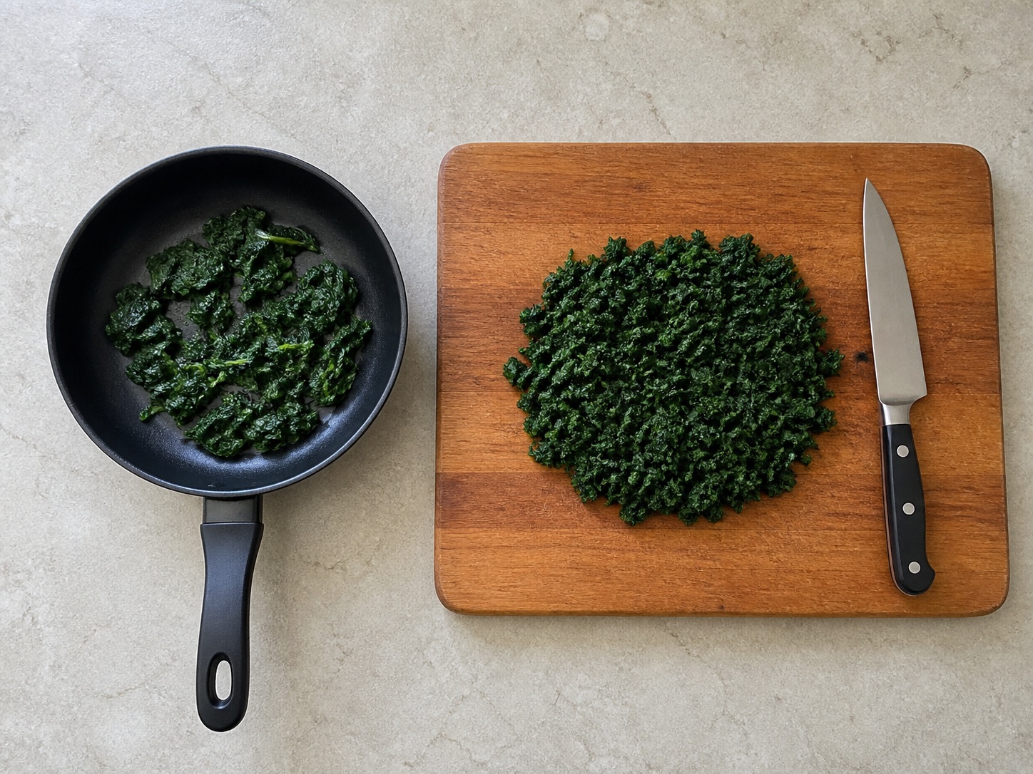 Palambutin at tadtarin ang spinach: Palambutin at tadtarin ang spinach. Gamitin nang sunod-sunod ang nakalistang sangkap at angkop na gamit sa bahay; tiyaking tama ang lagay ng pagkain bago magpatuloy.
