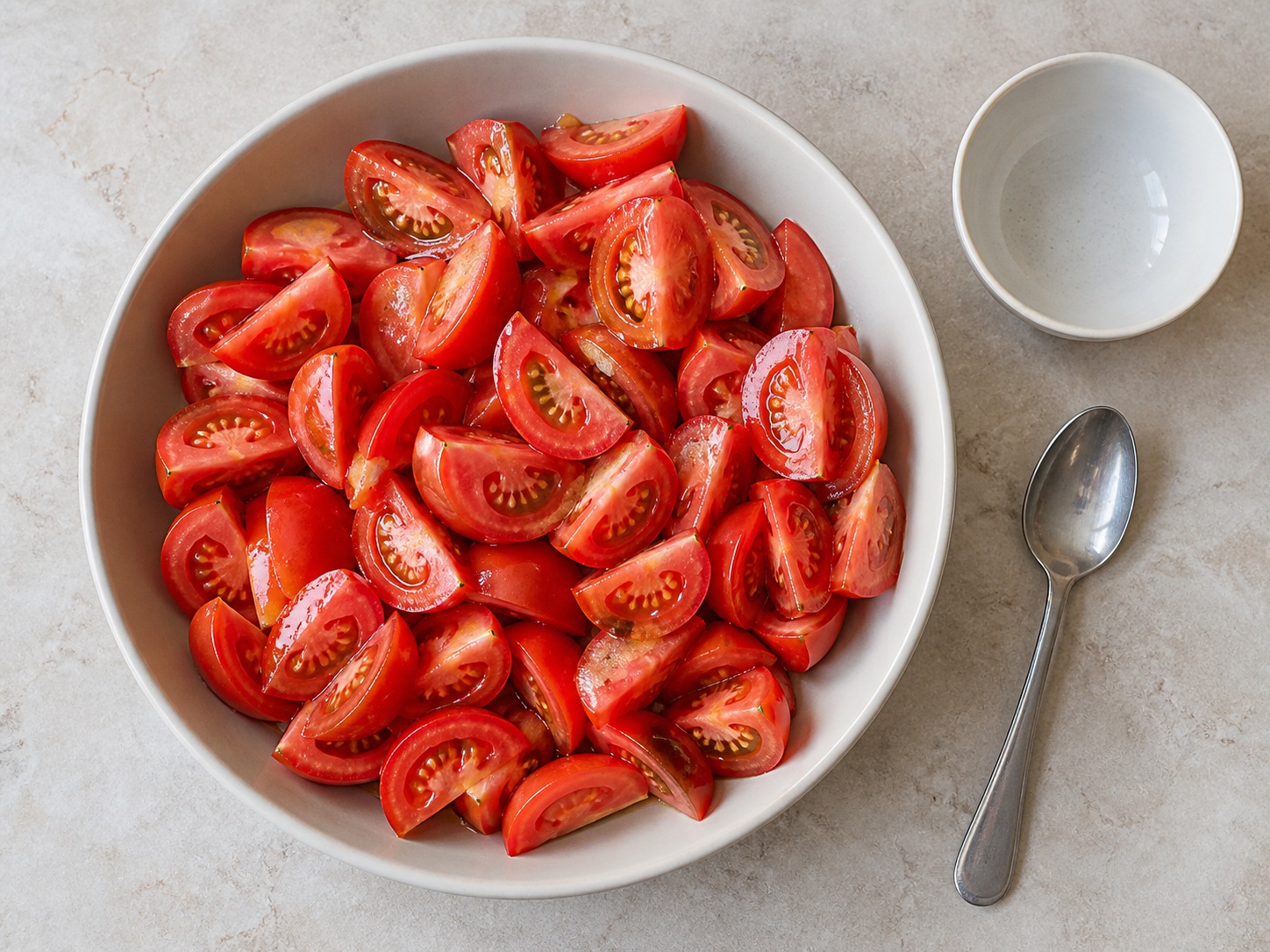 Timplahan ang tomato salad: Timplahan ang tomato salad. Gamitin nang sunod-sunod ang nakalistang sangkap at angkop na gamit sa bahay; tiyaking tama ang lagay ng pagkain bago magpatuloy.