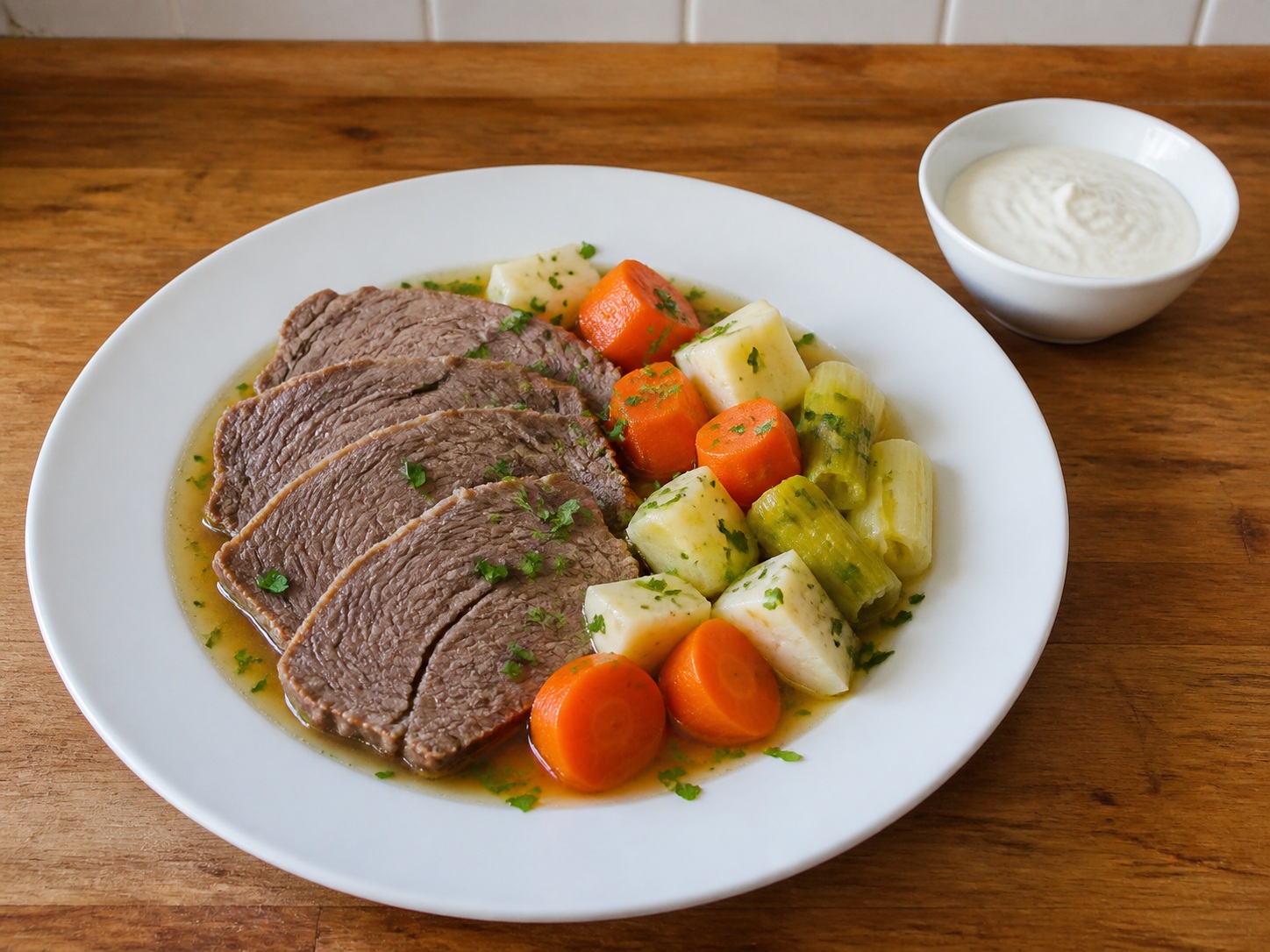 Tafelspitz Austria dengan Sayuran Akar dan Horseradish: Daging sapi direbus perlahan dengan sayuran akar, diiris, lalu disajikan bersama saus horseradish dan kaldu bening.