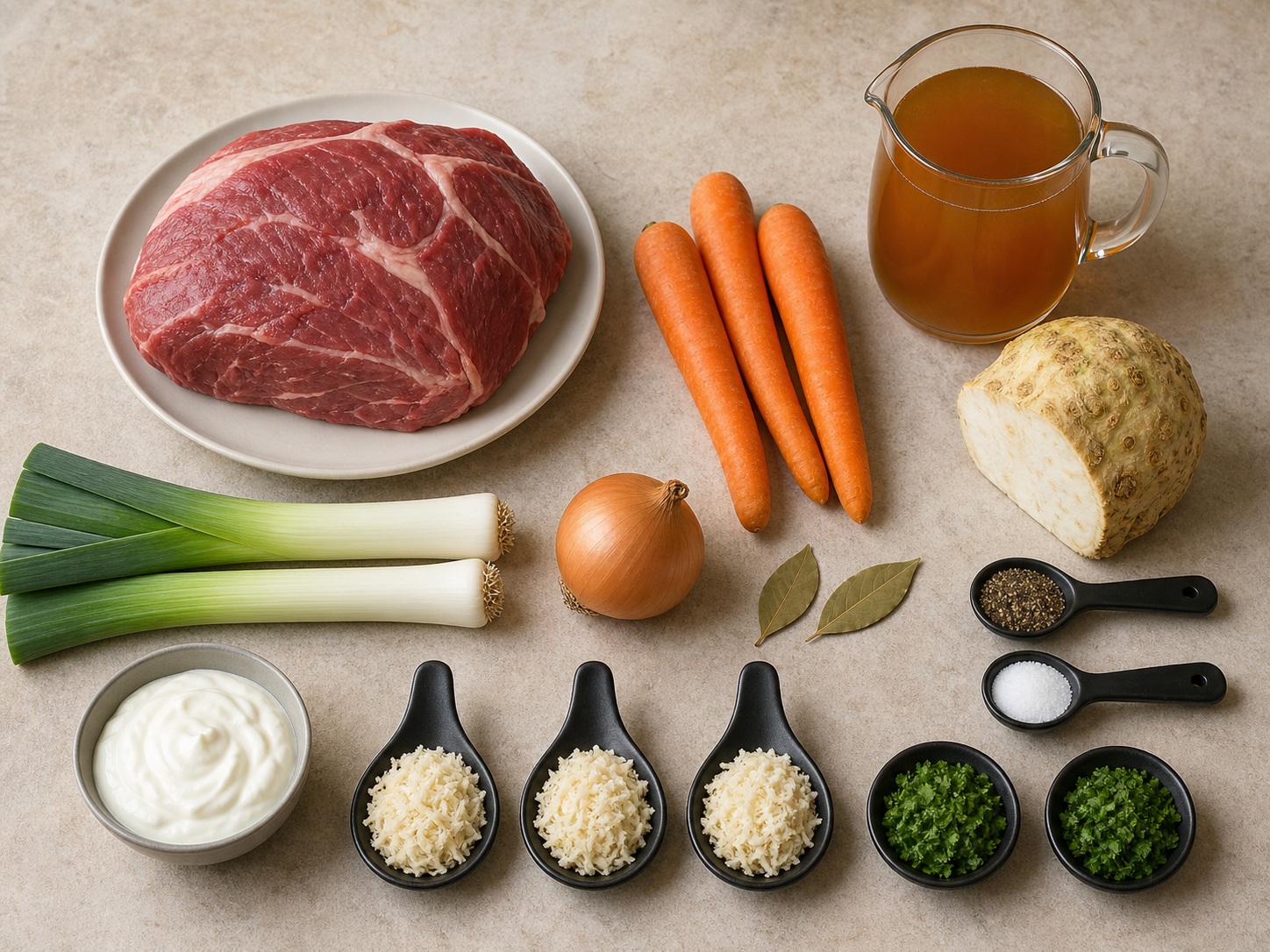 Tafelspitz Austria dengan Sayuran Akar dan Horseradish: 1000 g daging bahu sapi utuh, 1500 ml kaldu sapi, 3 buah wortel, 300 g seledri akar, 2 batang daun bawang prei, 1 buah bawang bombai, 2 buah daun salam, 1 sdt Lada hitam, 3 sdm horseradish, 150 ml krim asam, 1 sdt garam, 2 sdm peterseli