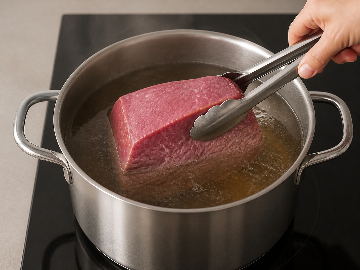 Masukkan sapi ke dalam kaldu: Masukkan sapi ke dalam kaldu. Gunakan bahan yang tercantum dan alat rumah tangga yang sesuai secara berurutan; pastikan kondisi bahan sesuai tahap ini sebelum lanjut.