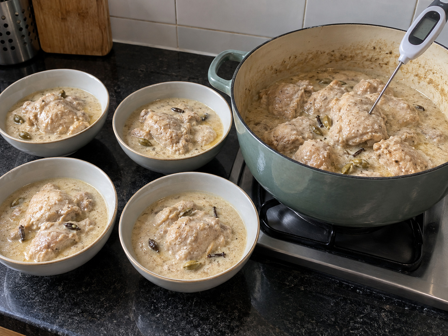 Bengali Chicken Rezala — Check chicken reaches 75°C and serve. Keep the food core at or above 75°C for 30 seconds.