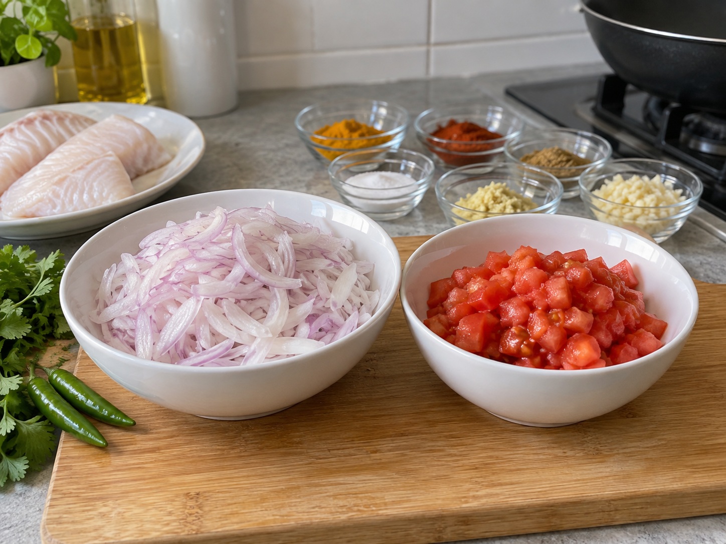 Ikan Bhuna Bangladesh — Potong bawang dan tomat