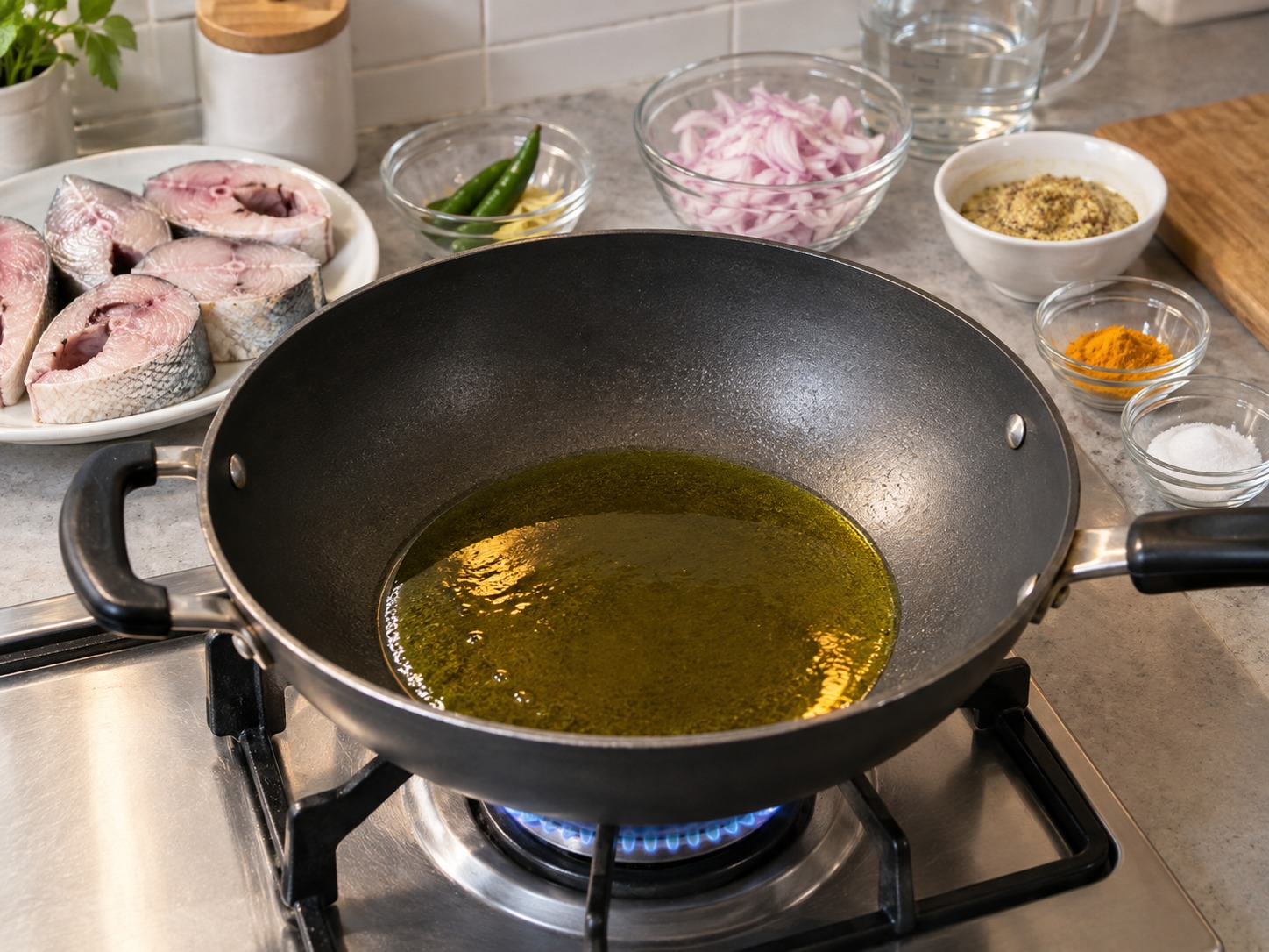 孟加拉芥末鯡魚咖喱 — 深平底鑊加芥末油或食油，以中火加熱