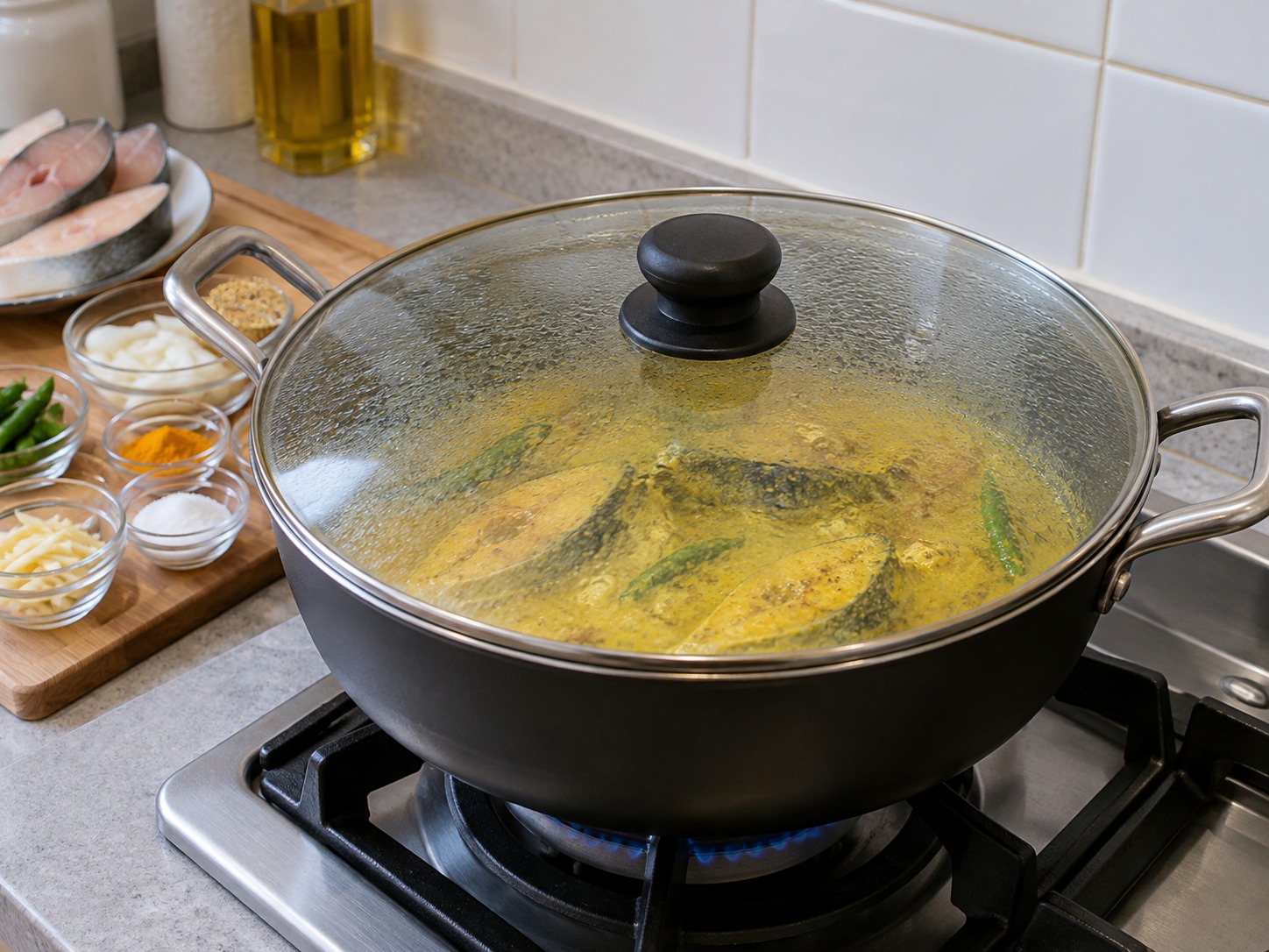 孟加拉芥末鯡魚咖喱 — 蓋鍋小火煮四至五分鐘，避免大滾弄碎魚肉