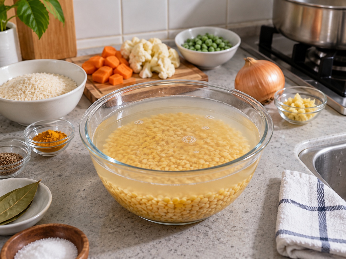 Bangladeshi Vegetable Khichuri — Rinse and soak mung